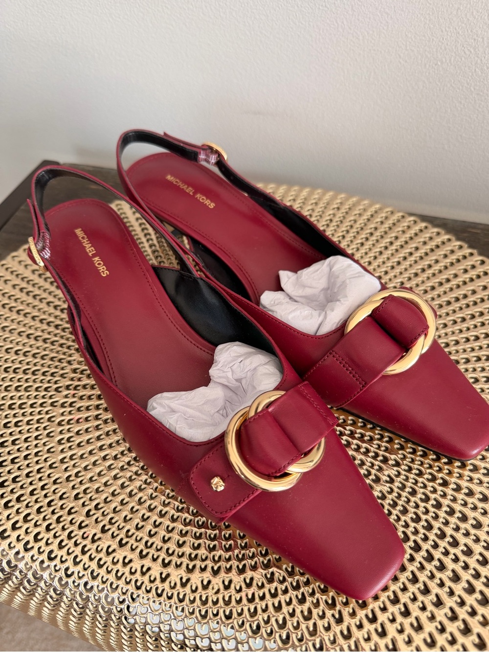 Michael Kors Burgundy Slingback Kitten Heel with Gold Buckle Size 8 NWOT - Picture 2 of 11